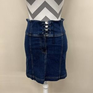 Free People Denim Skirt Womens 6 Blue Jean Stretch Mini Skirt Lace up Front FS